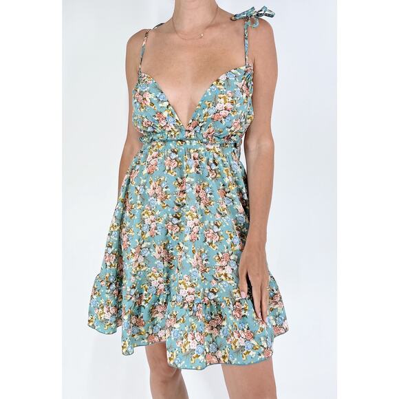 Women’s Blue Floral Print Tie Shoulder Backless Cami Dress Size Medium - Picture 1 of 3